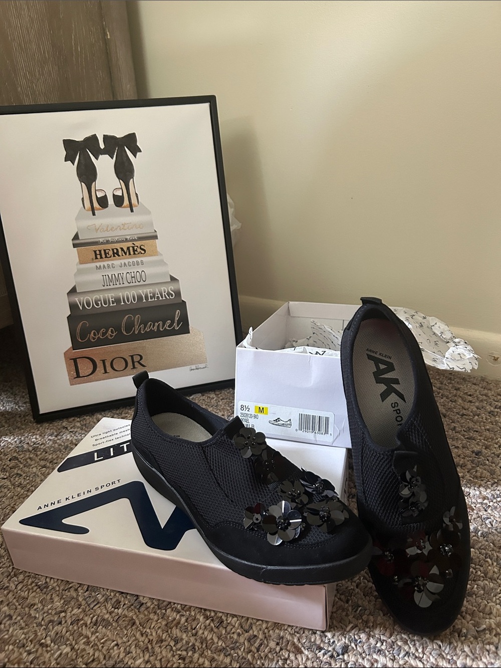 Anne Klein Sport Black Floral Applique Slip-On Flats with sequence flowers 8 1/2
